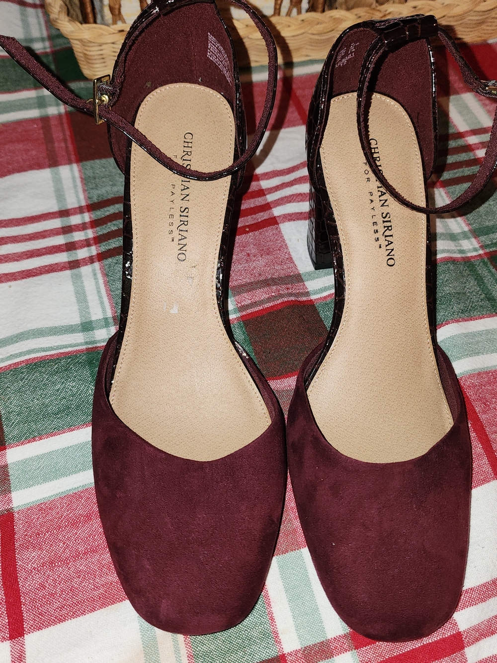 CHRISTIAN SIRIANO Burgundy Ankle Strap Block Heel Pumps Size 8